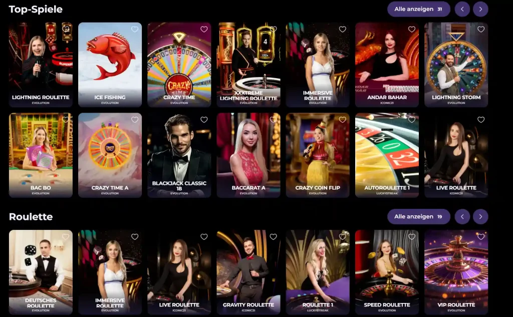BettySpin Casino Live Casino Bereich mit Roulette