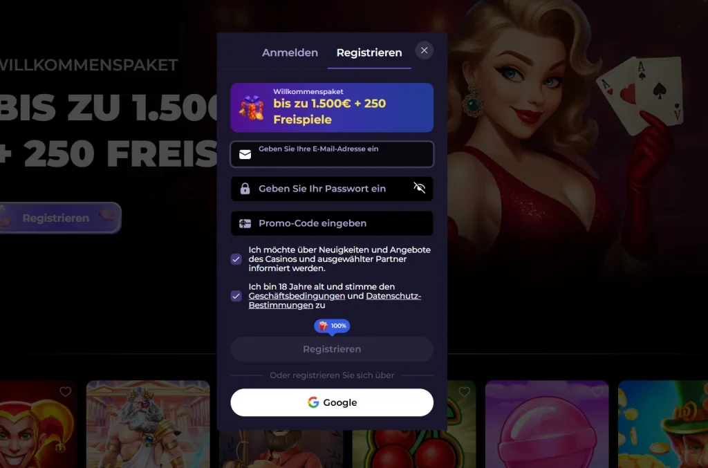 BettySpin Casino Registrierungsformular mit Bonus Hinweis