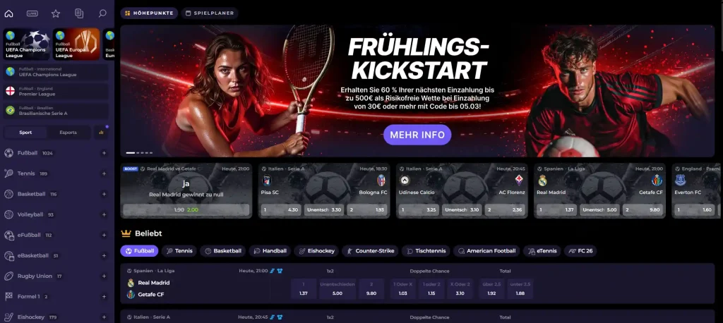 BettySpin Casino Sportwetten Startseite mit Quoten
