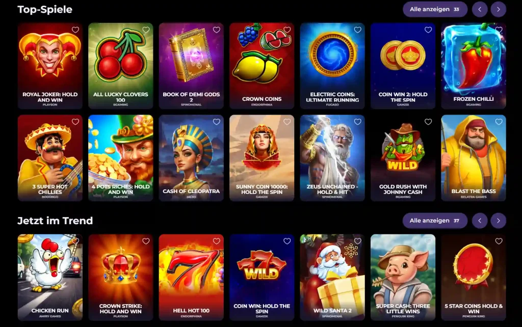 BettySpin Casino Top Spiele Übersicht